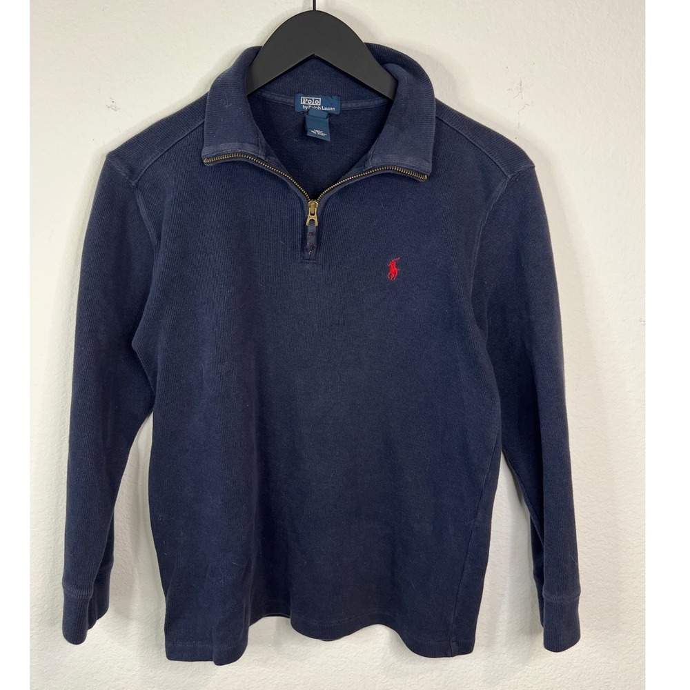Polo Ralph Lauren Boys Quarter Zip Pullover Red Pony Navy Blue Size M 12/14